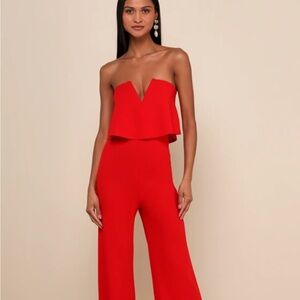Lulu's Red Strapless Jumpsuit with Palazzo Pants